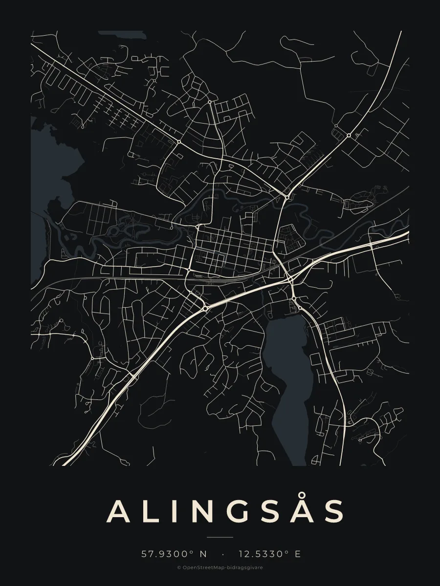 Kartposter över Alingsås i stilen Natt