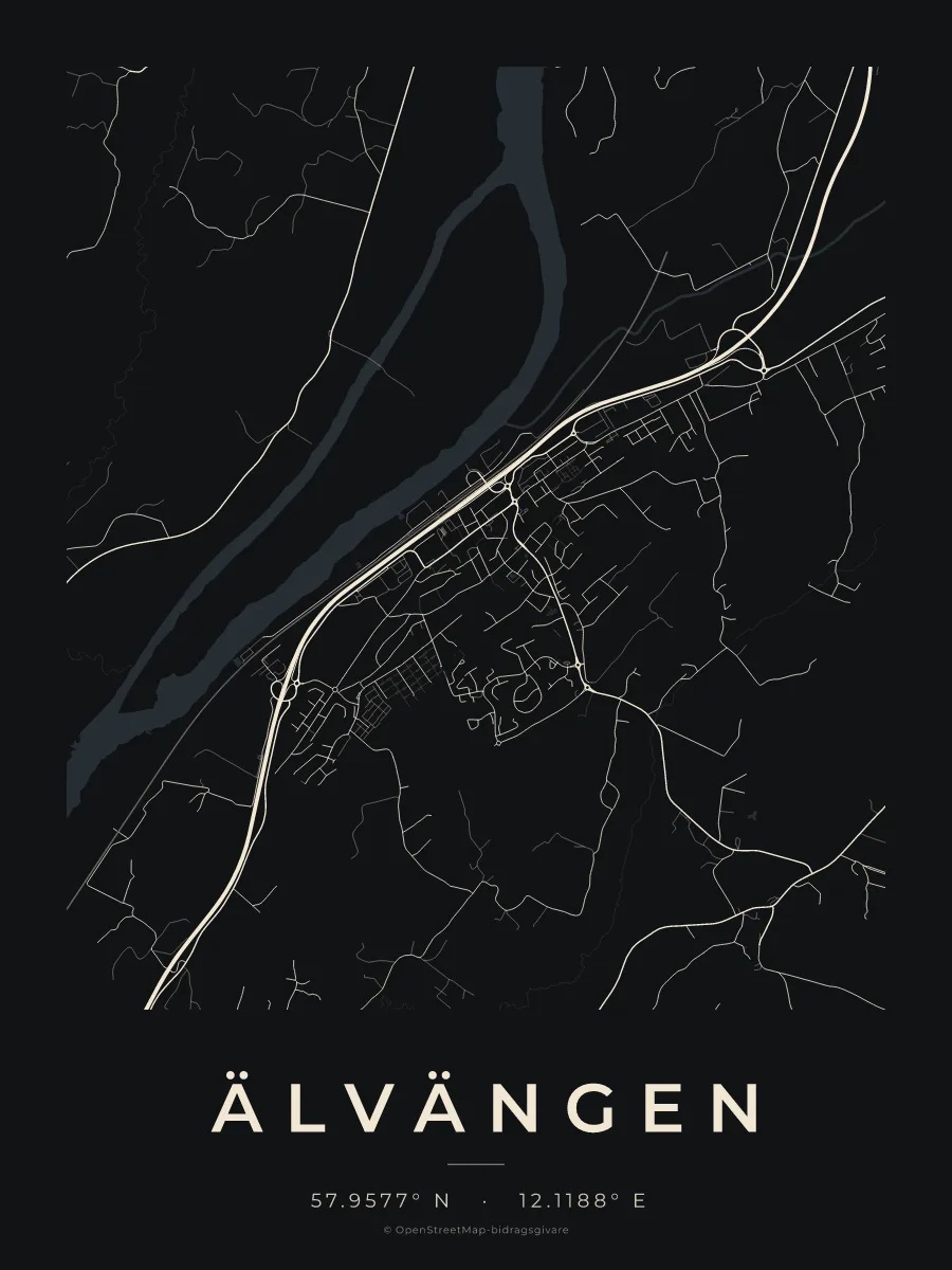 Kartposter över Älvängen i stilen Natt