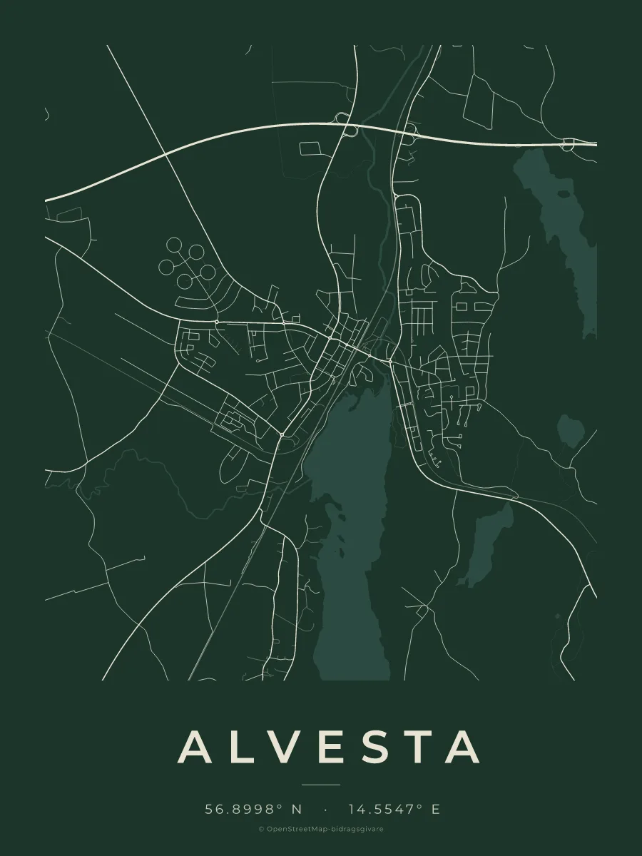 Kartposter över Alvesta i stilen Skog