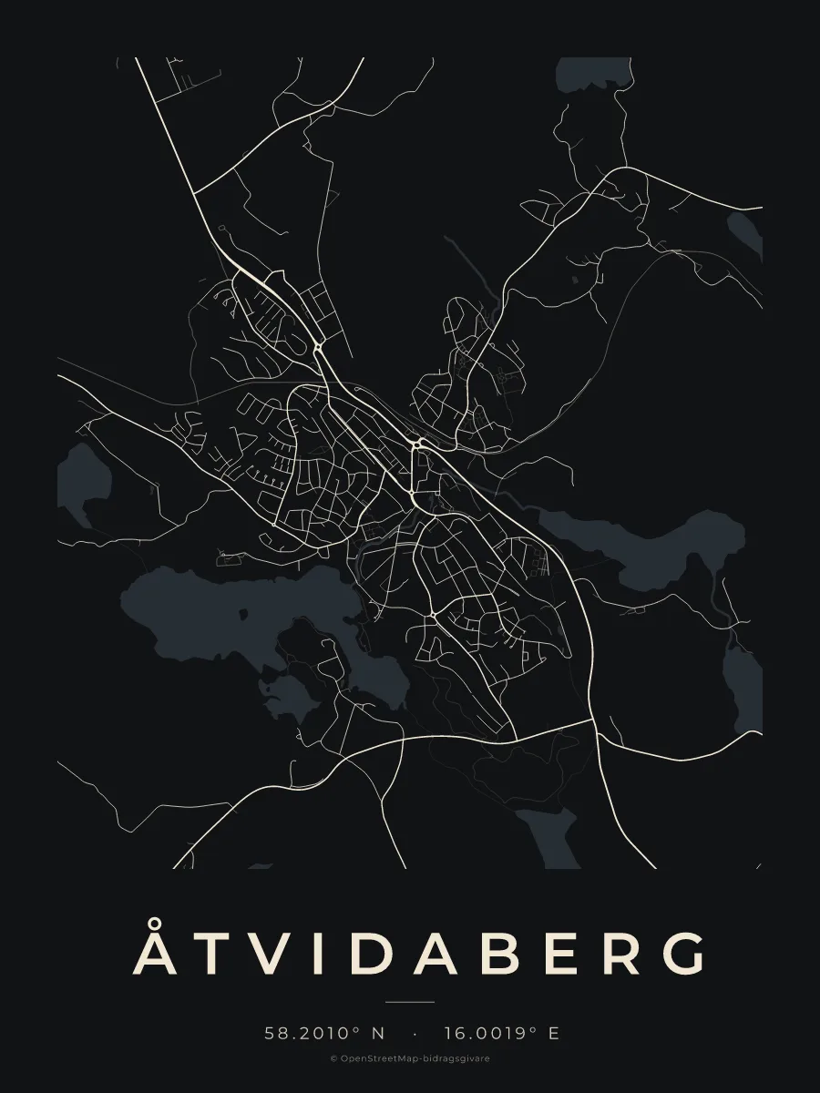 Kartposter över Åtvidaberg i stilen Natt