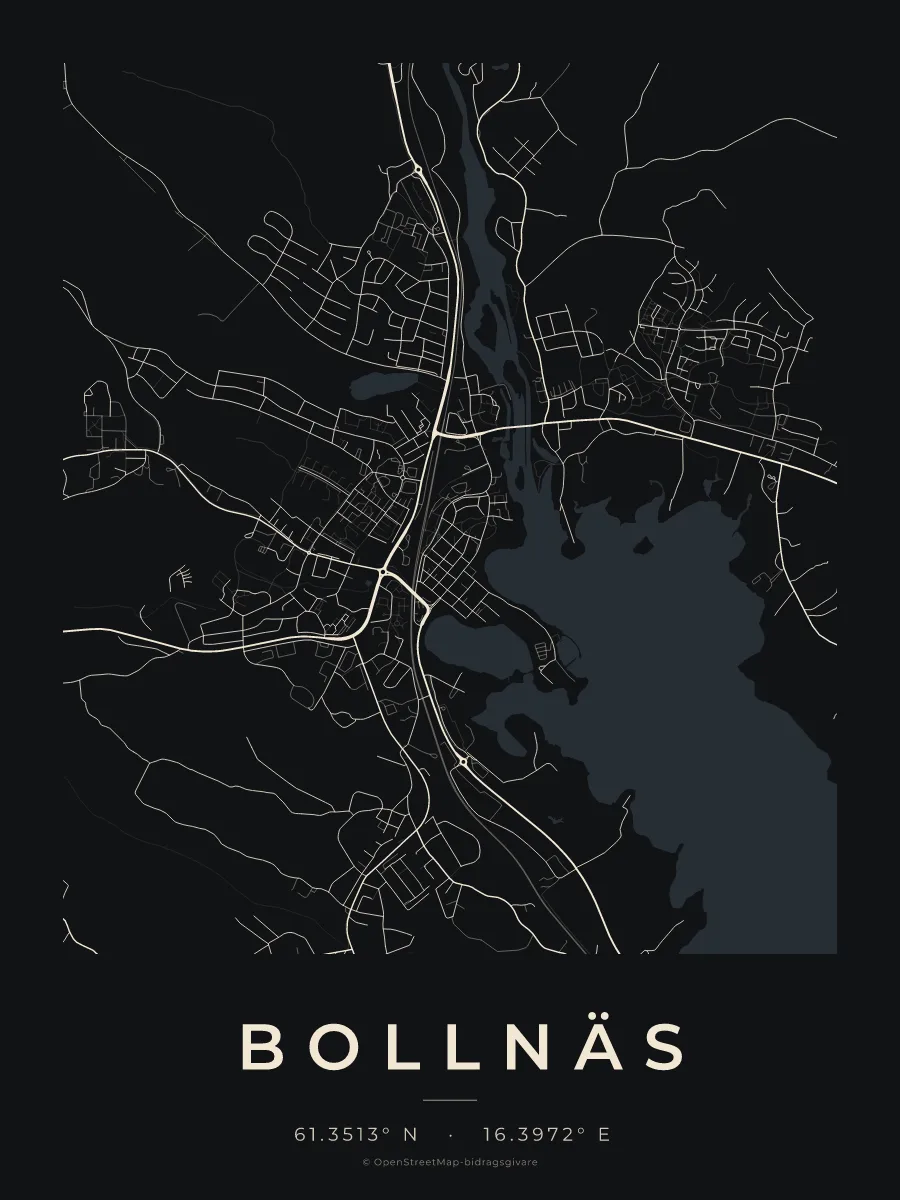 Kartposter över Bollnäs i stilen Natt