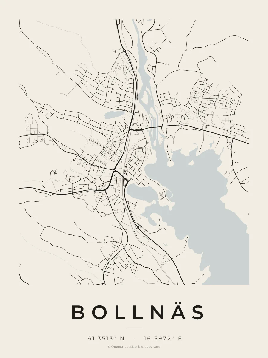 Kartposter över Bollnäs i stilen Papper