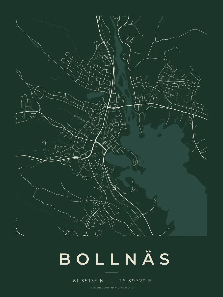 Kartposter över Bollnäs i stilen Skog