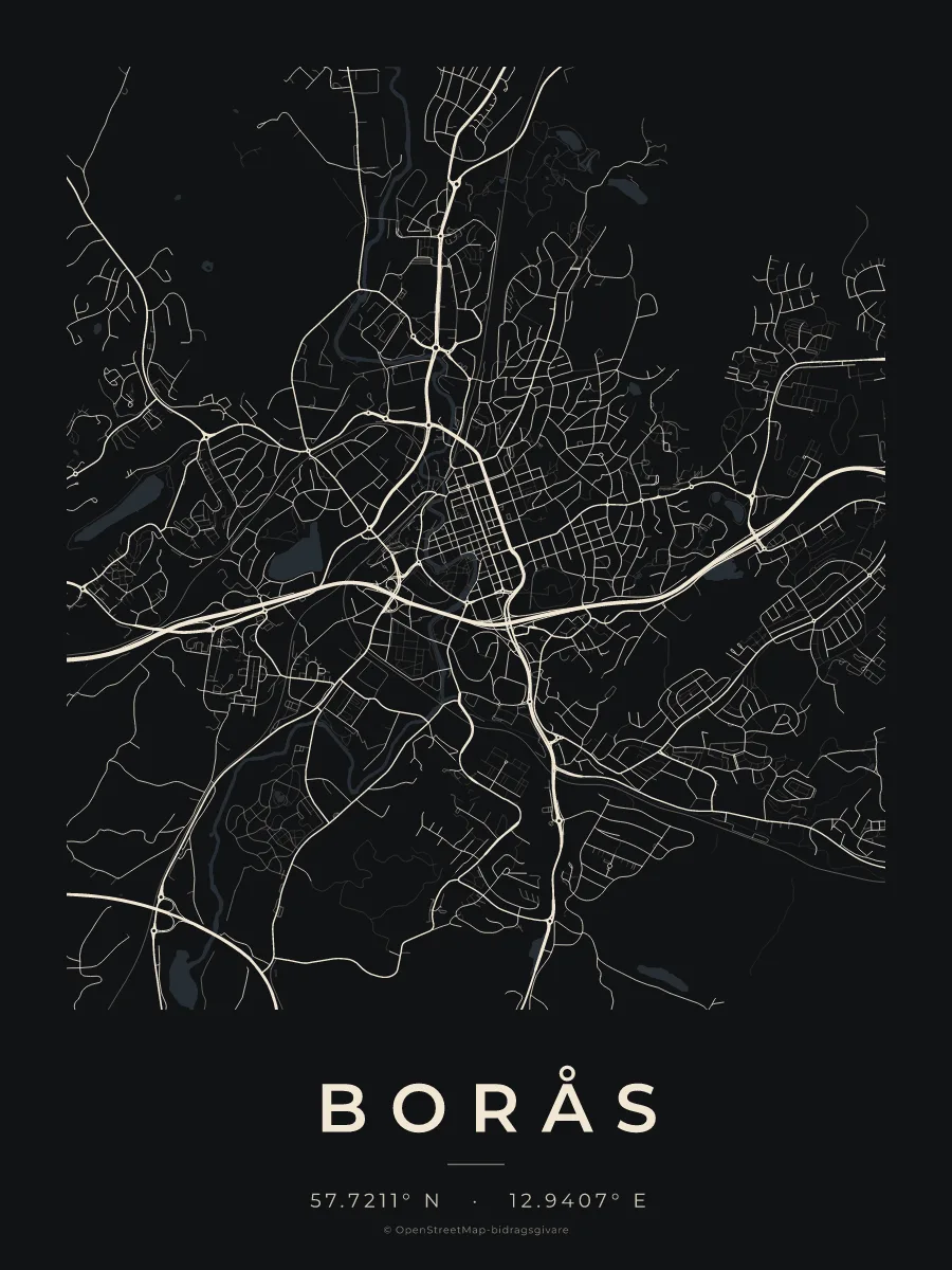 Kartposter över Borås i stilen Natt