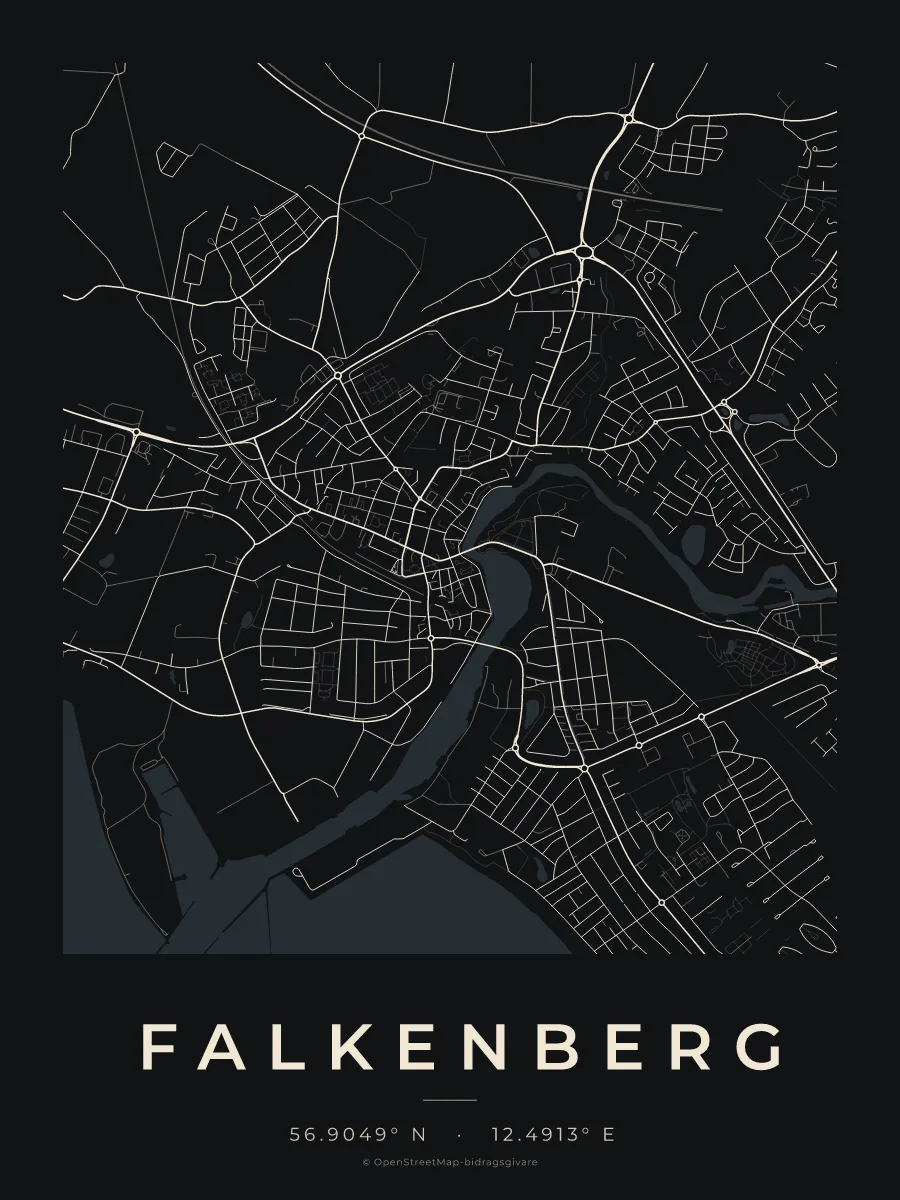 Kartposter över Falkenberg i stilen Natt