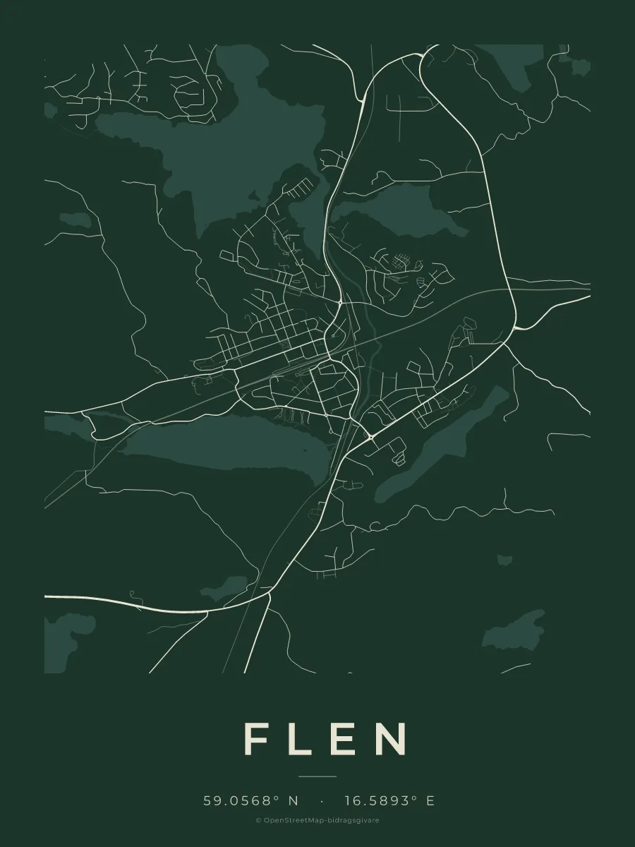 Kartposter över Flen i stilen Skog