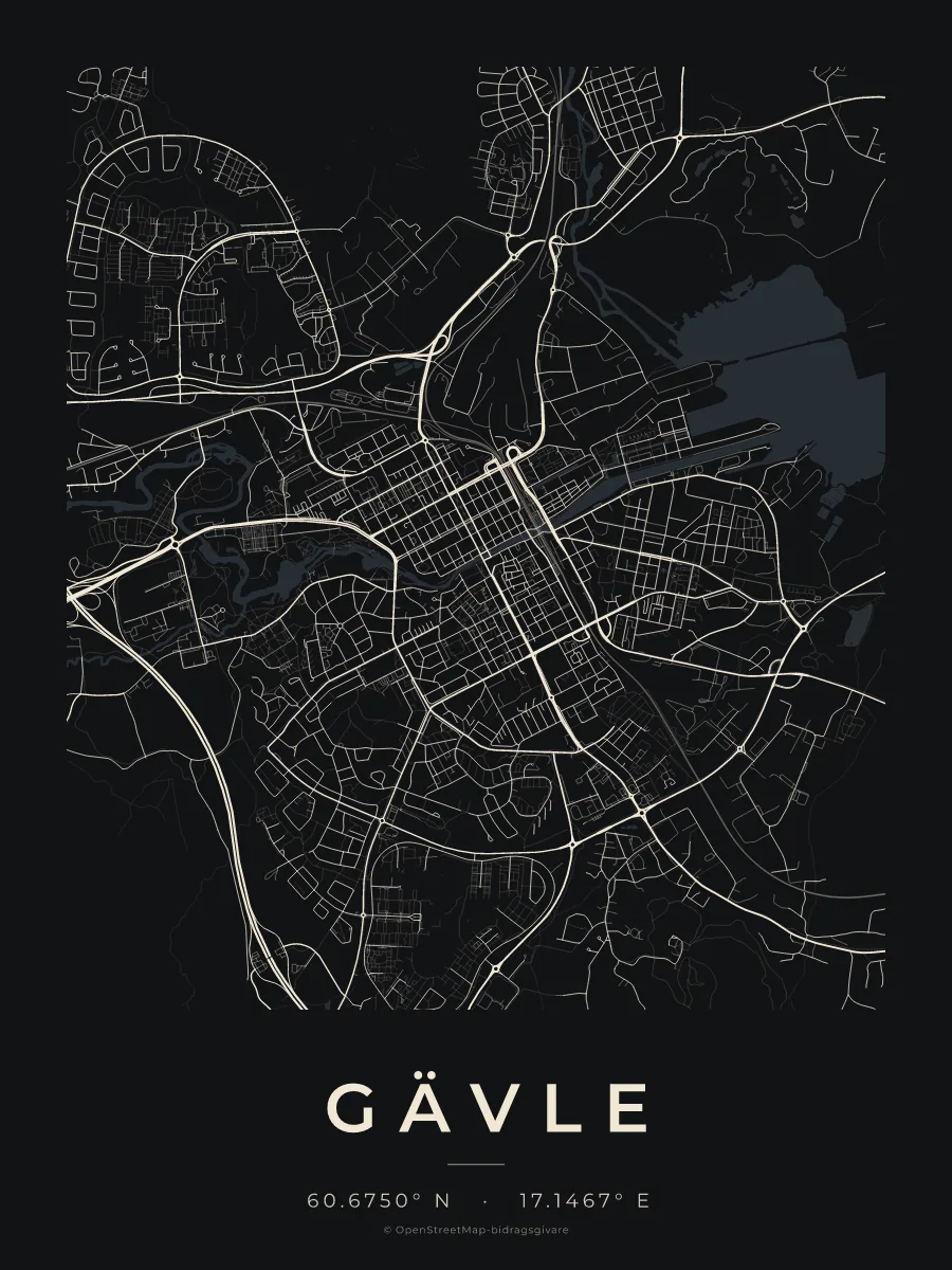 Kartposter över Gävle i stilen Natt