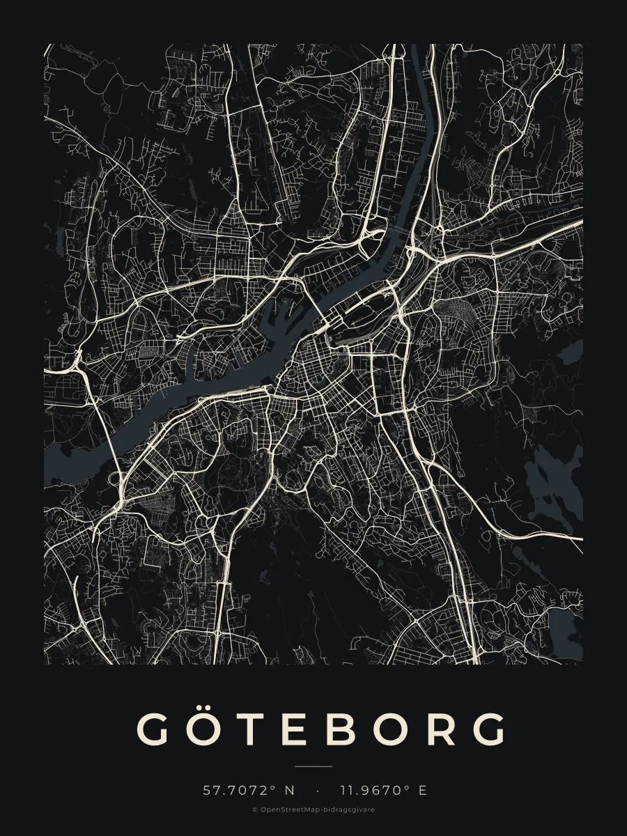 Kartposter över Göteborg i stilen Natt
