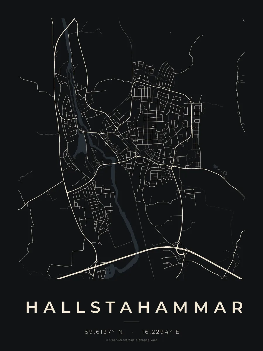 Kartposter över Hallstahammar i stilen Natt