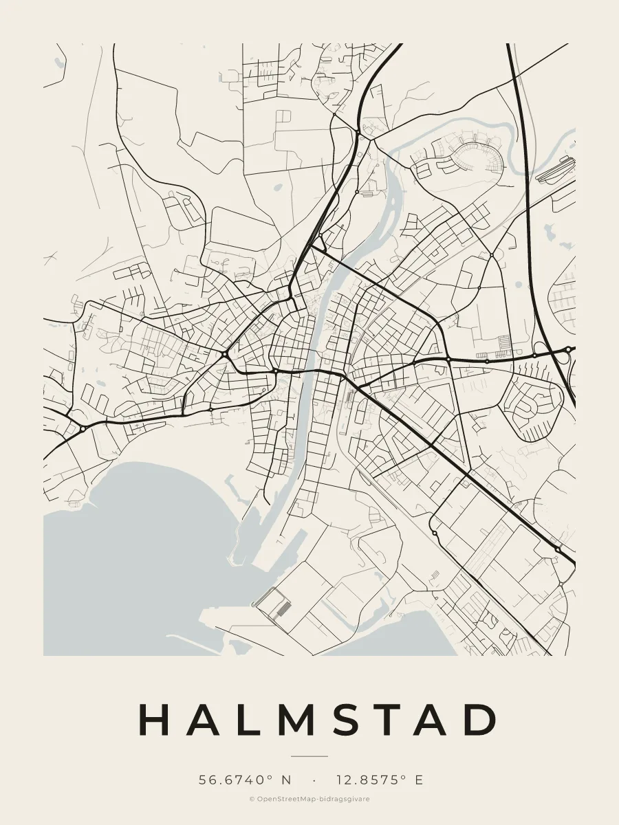 Kartposter över Halmstad i stilen Papper
