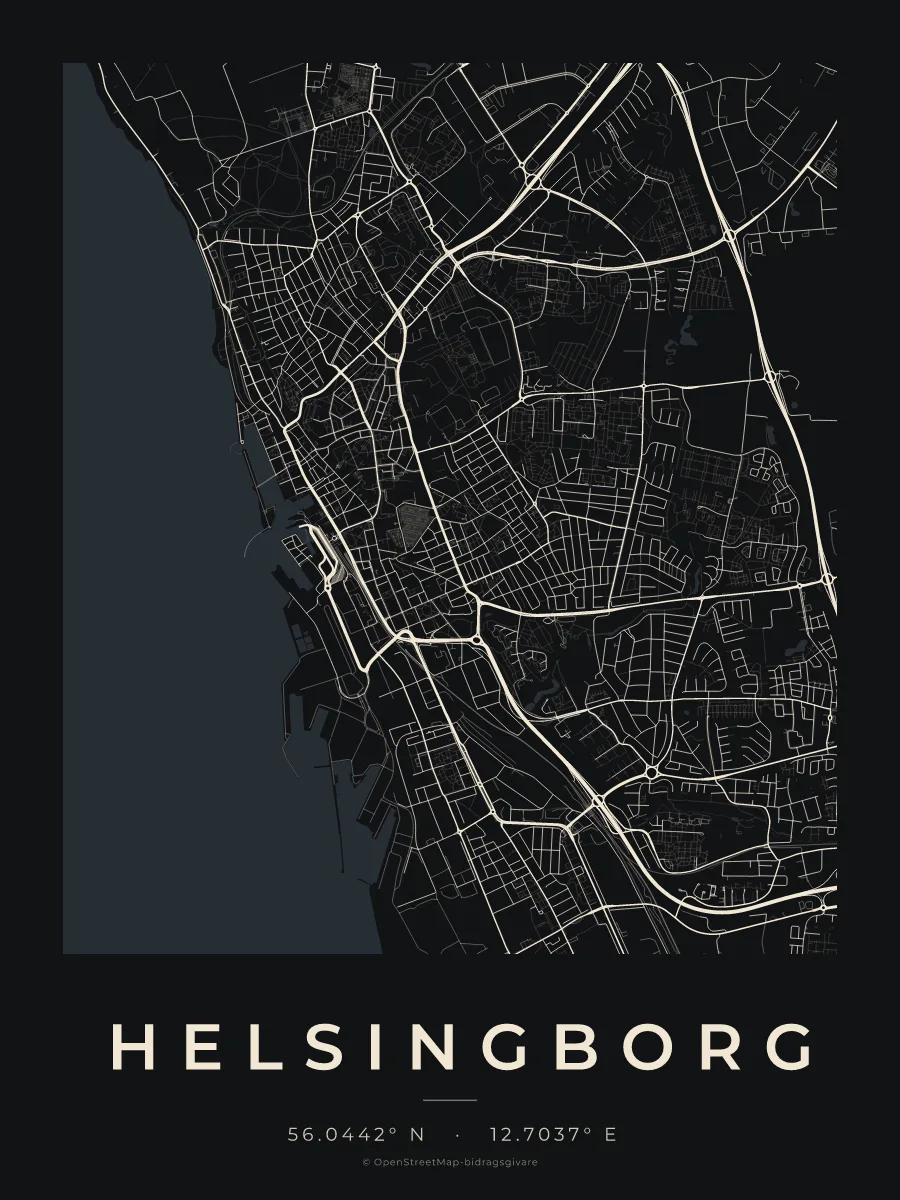 Kartposter över Helsingborg i stilen Natt