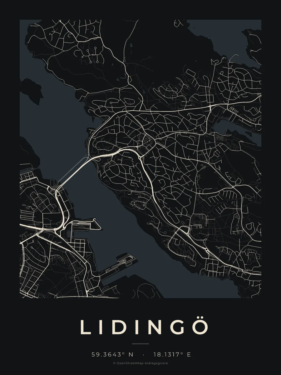 Kartposter över Lidingö i stilen Natt