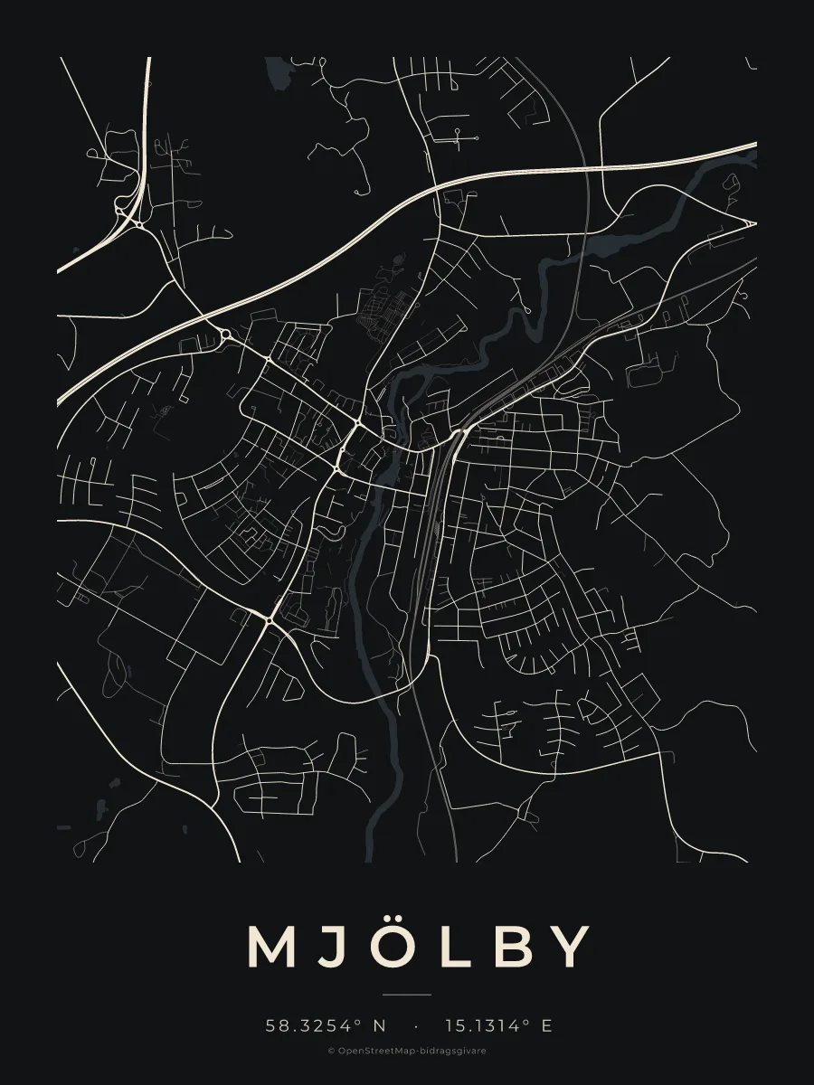 Kartposter över Mjölby i stilen Natt