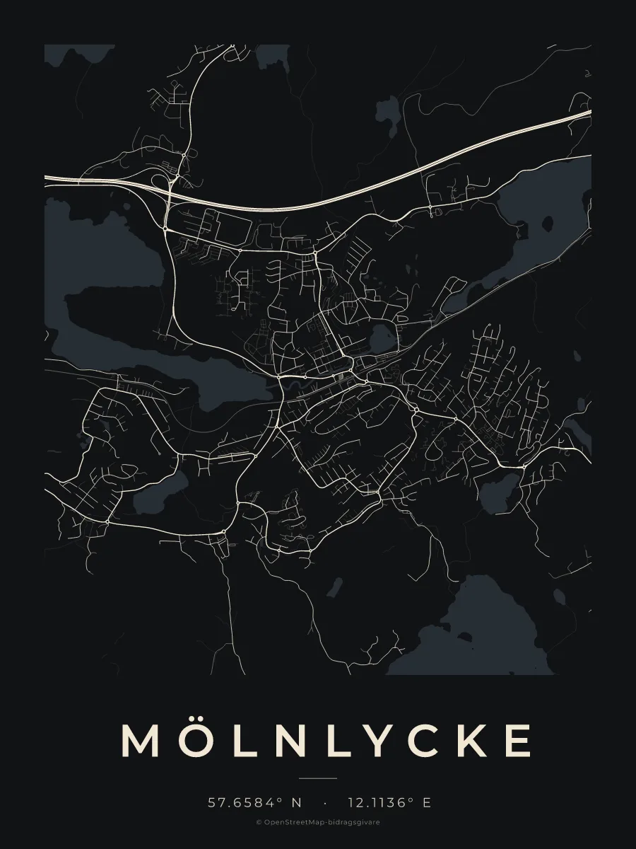 Kartposter över Mölnlycke i stilen Natt