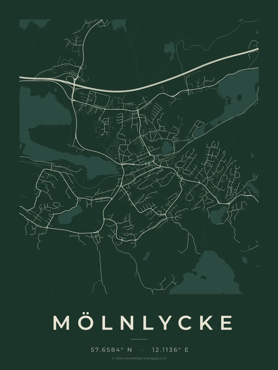 Kartposter över Mölnlycke i stilen Skog
