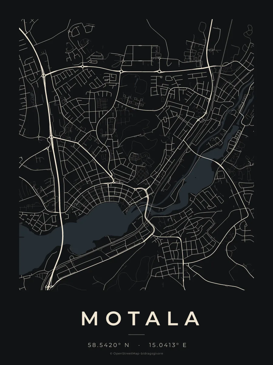 Kartposter över Motala i stilen Natt
