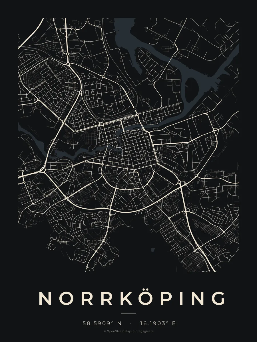 Kartposter över Norrköping i stilen Natt
