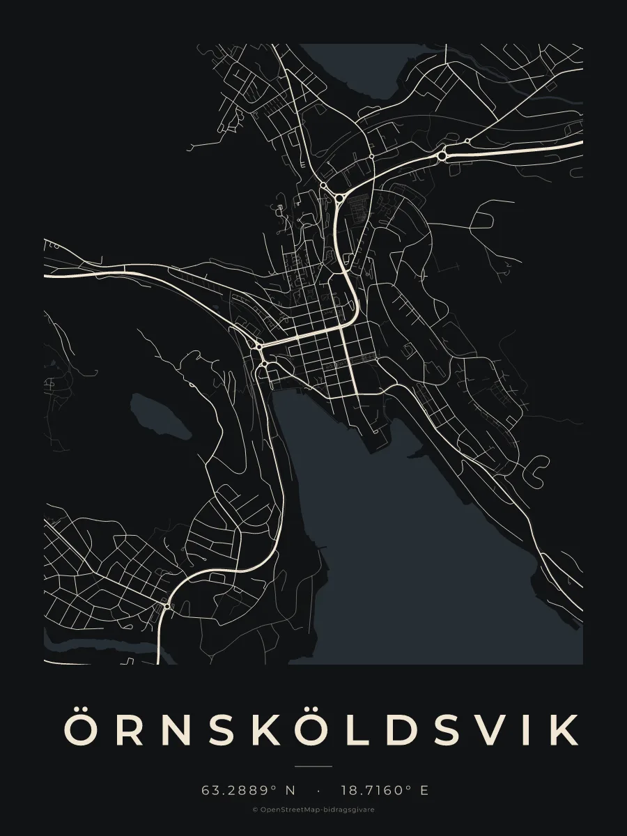 Kartposter över Örnsköldsvik i stilen Natt