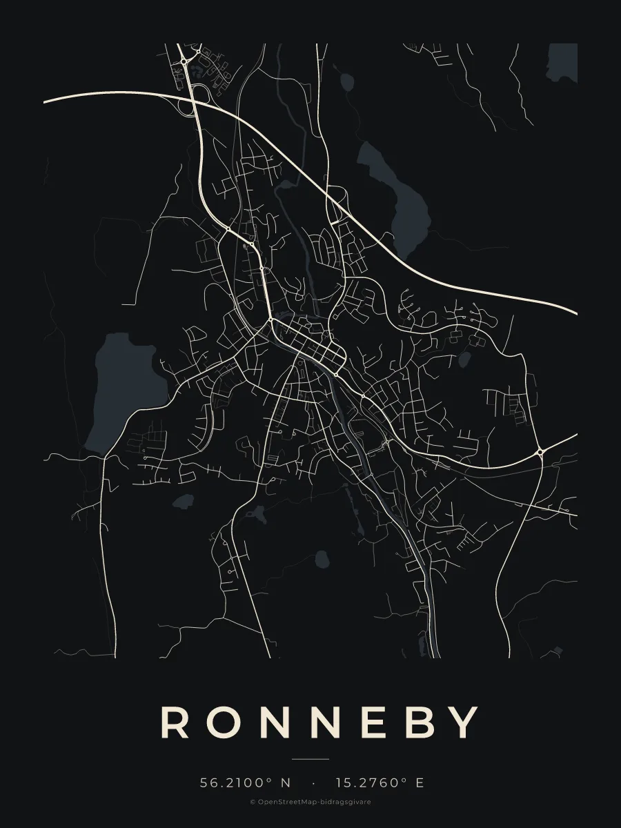 Kartposter över Ronneby i stilen Natt