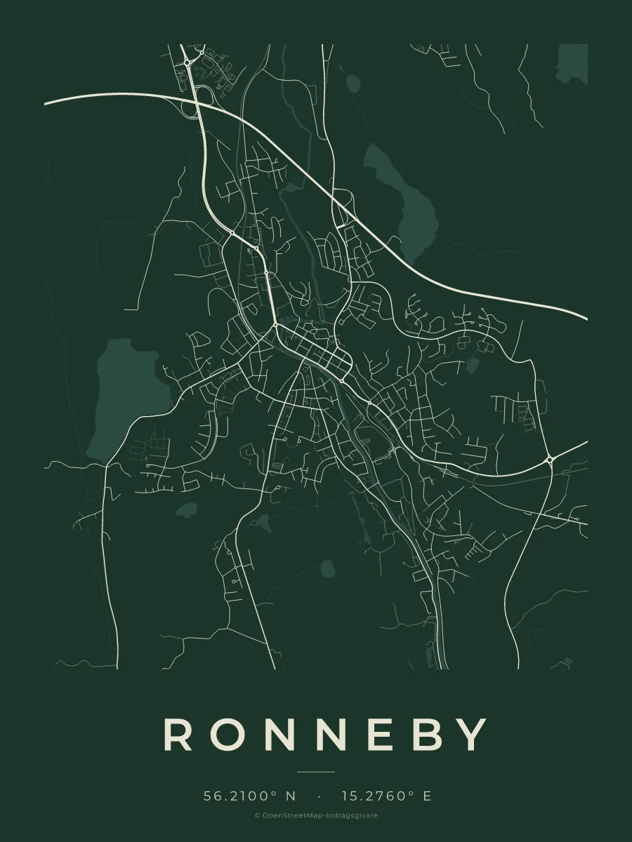 Kartposter över Ronneby i stilen Skog