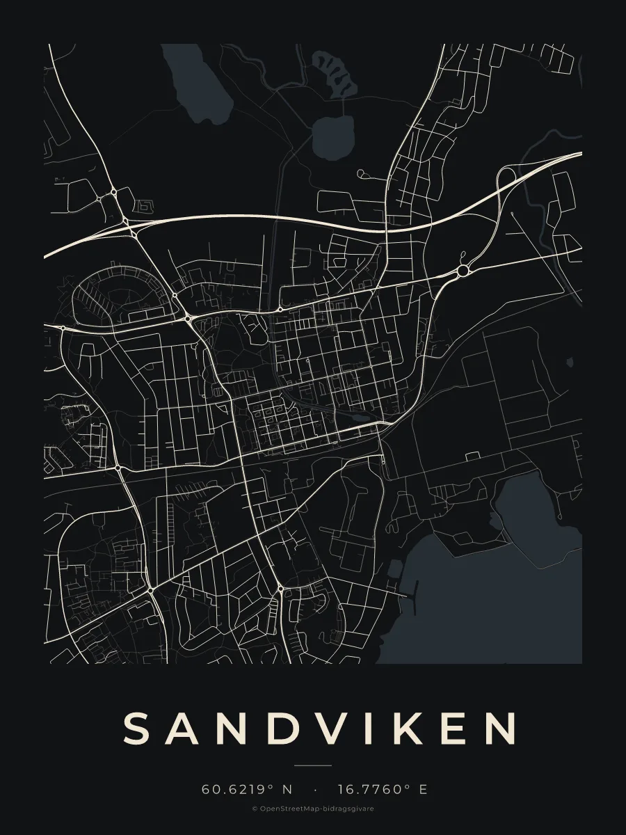 Kartposter över Sandviken i stilen Natt