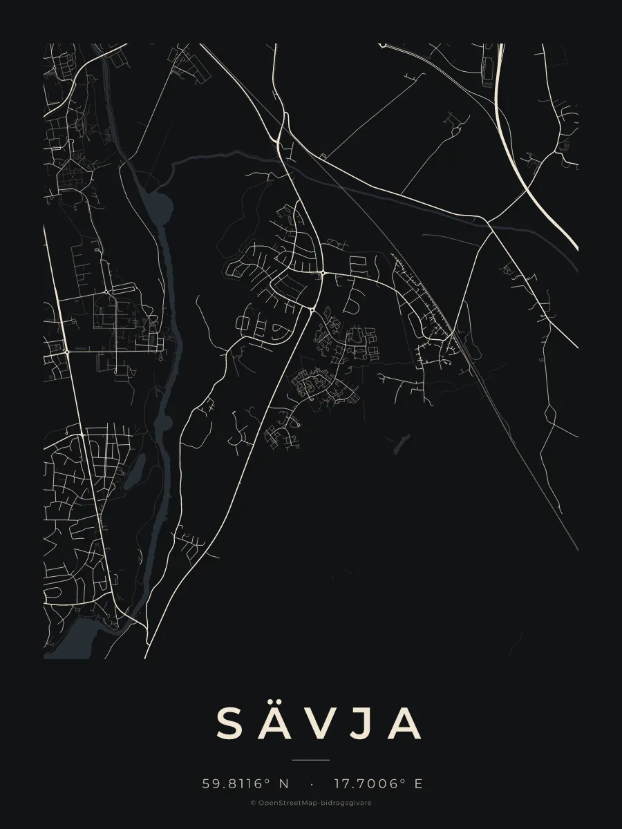 Kartposter över Sävja i stilen Natt