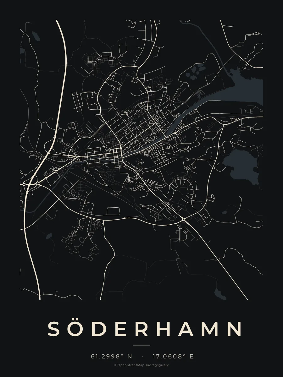Kartposter över Söderhamn i stilen Natt