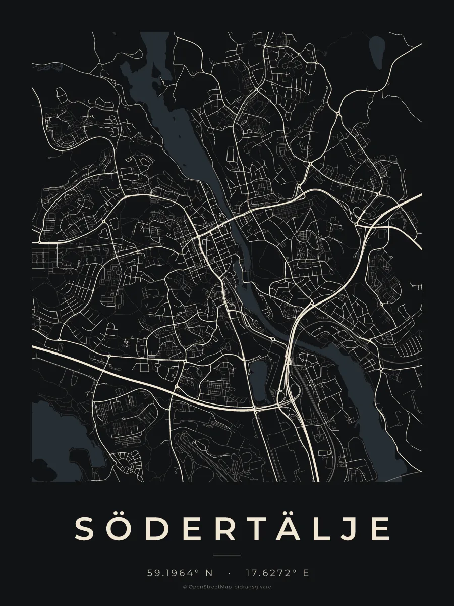 Kartposter över Södertälje i stilen Natt