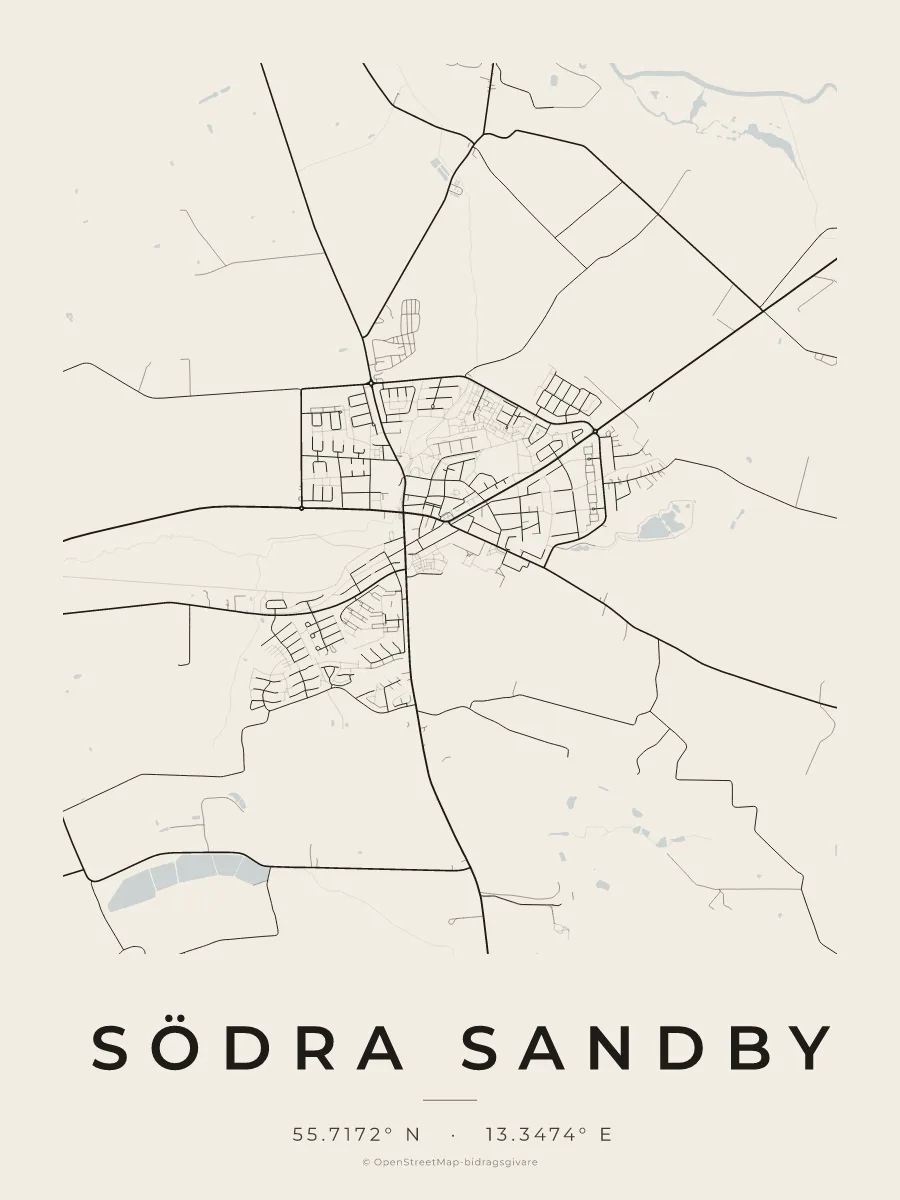 Kartposter över Södra Sandby i stilen Papper