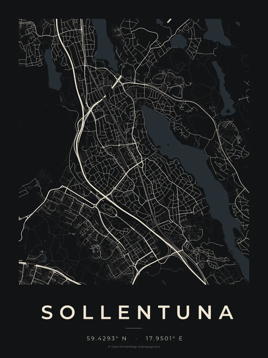 Kartposter över Sollentuna i stilen Natt