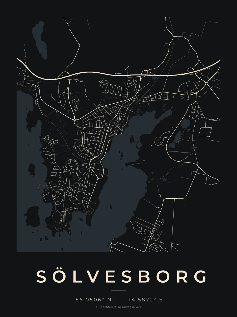 Kartposter över Sölvesborg i stilen Natt