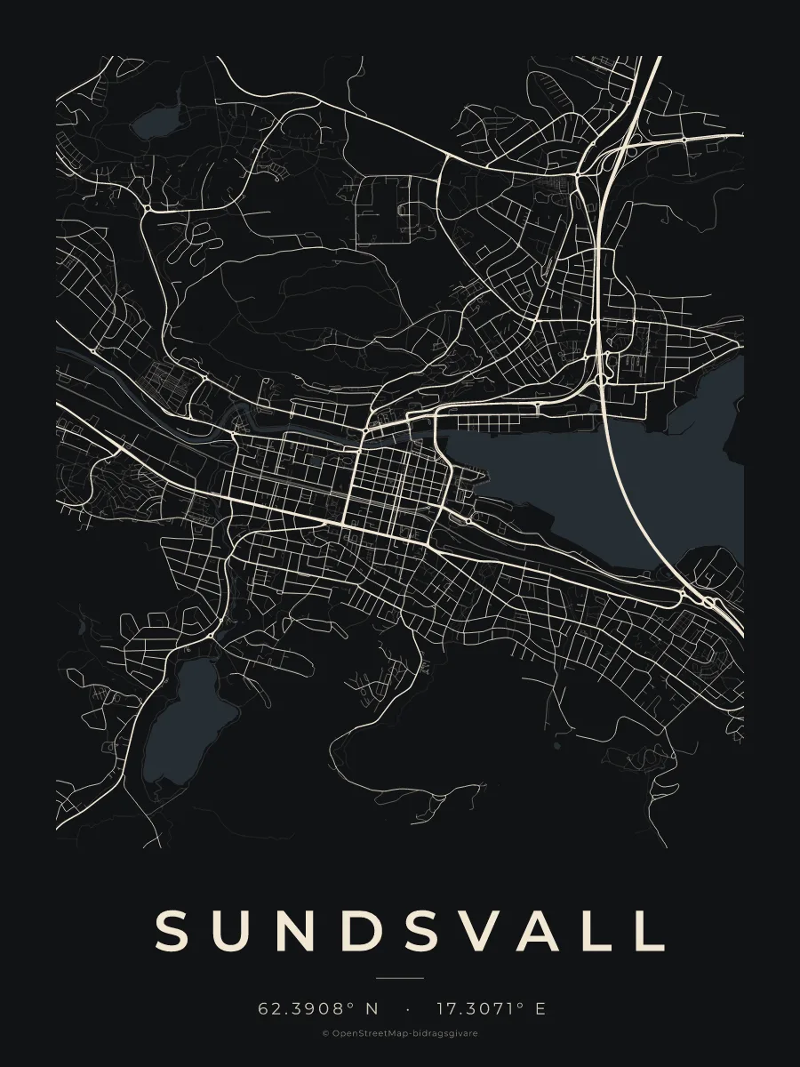 Kartposter över Sundsvall i stilen Natt