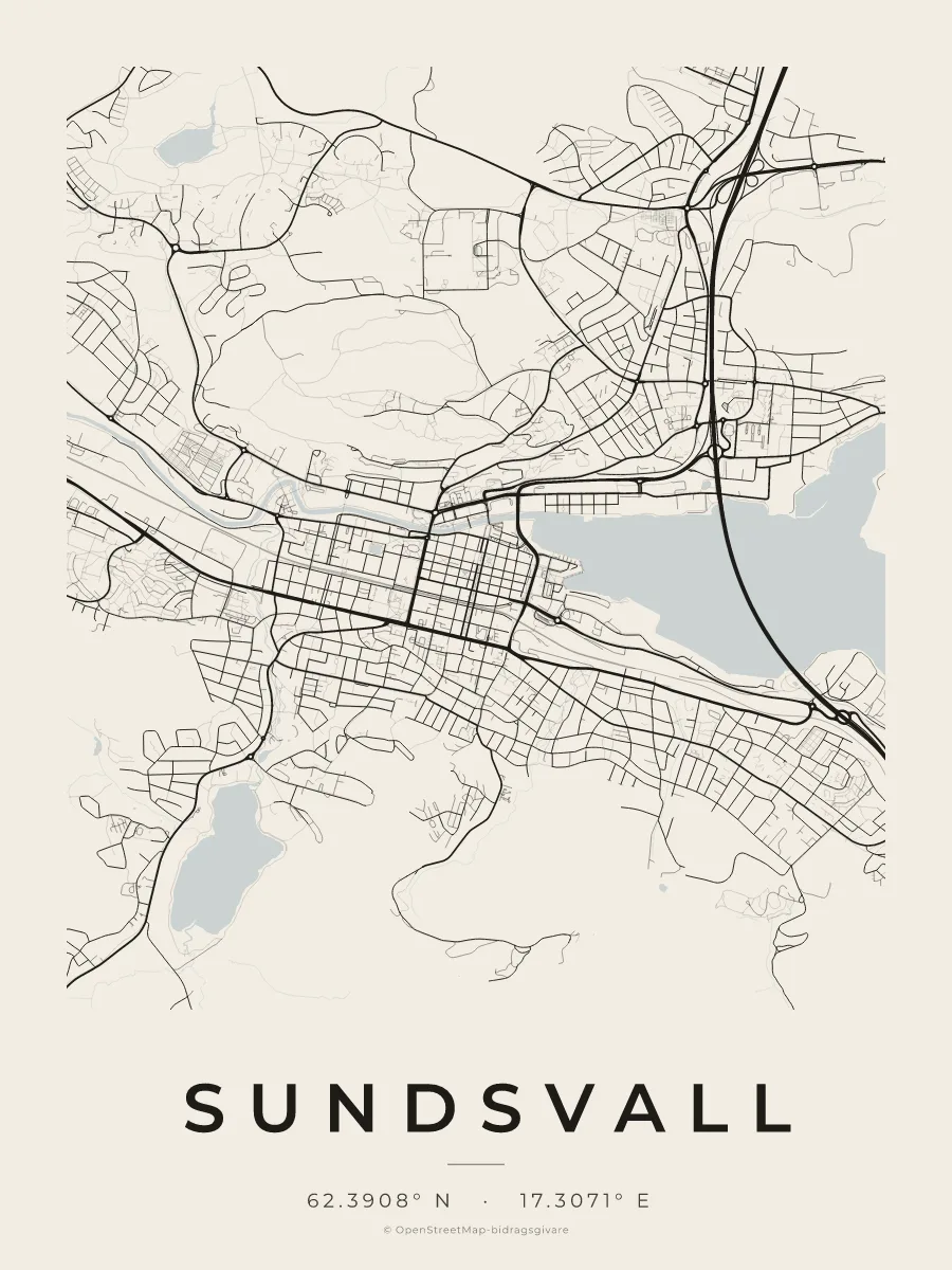 Kartposter över Sundsvall i stilen Papper