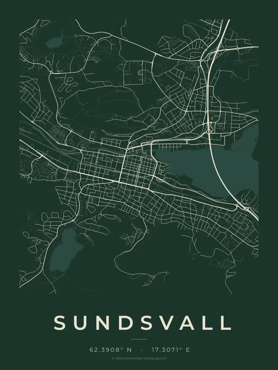 Kartposter över Sundsvall i stilen Skog