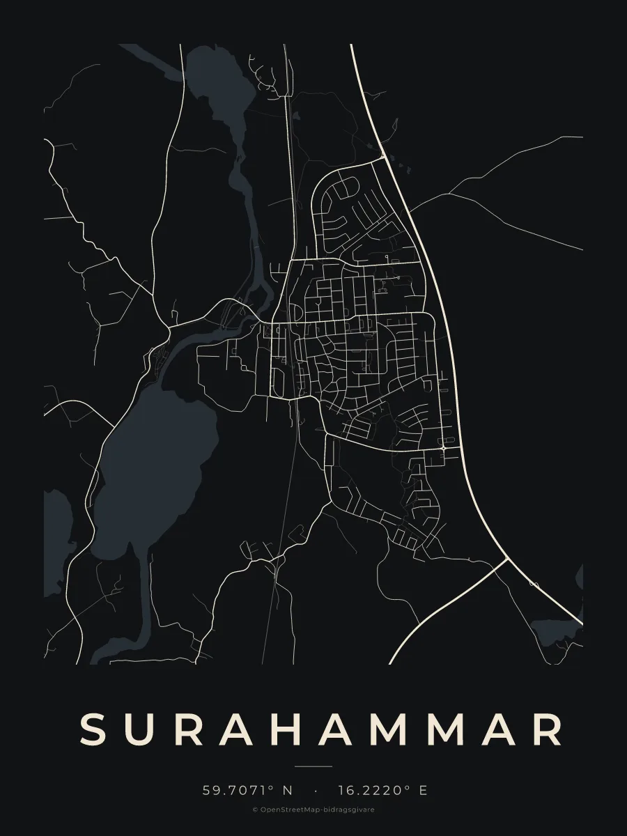 Kartposter över Surahammar i stilen Natt