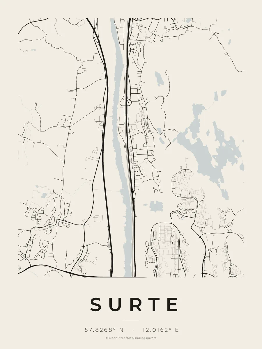 Kartposter över Surte i stilen Papper
