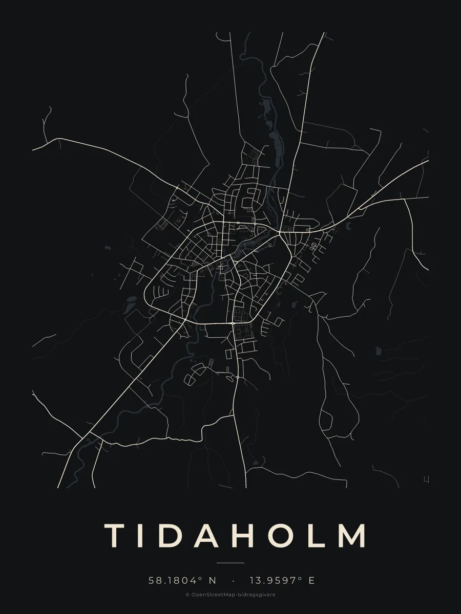Kartposter över Tidaholm i stilen Natt