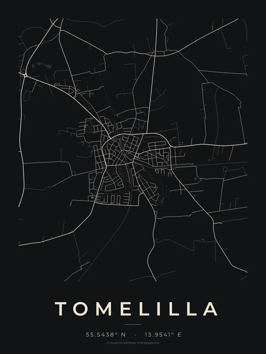Kartposter över Tomelilla i stilen Natt