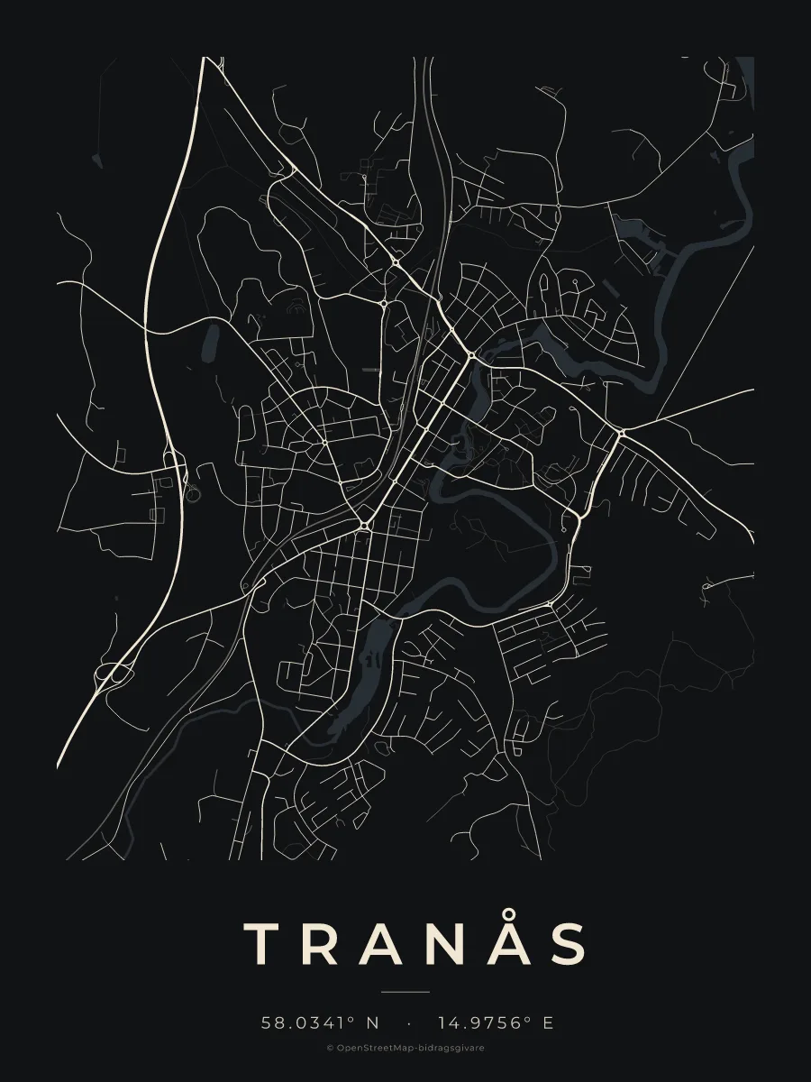 Kartposter över Tranås i stilen Natt