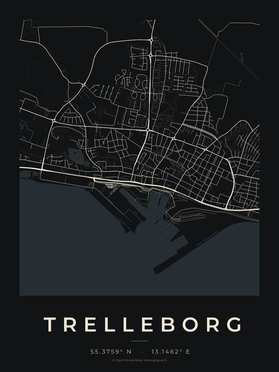 Kartposter över Trelleborg i stilen Natt