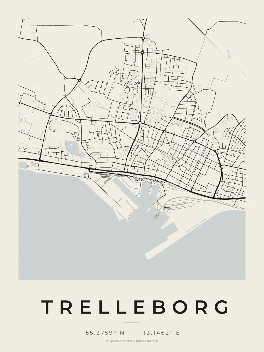 Kartposter över Trelleborg i stilen Papper