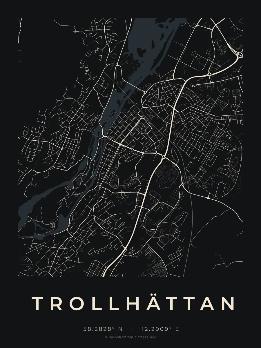 Kartposter över Trollhättan i stilen Natt