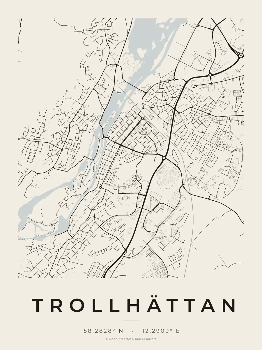 Kartposter över Trollhättan i stilen Papper