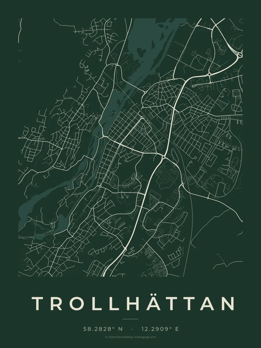 Kartposter över Trollhättan i stilen Skog