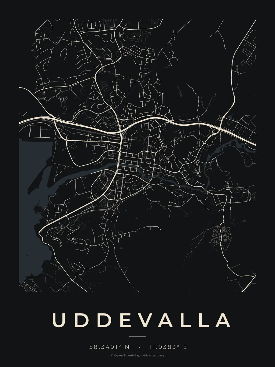Kartposter över Uddevalla i stilen Natt