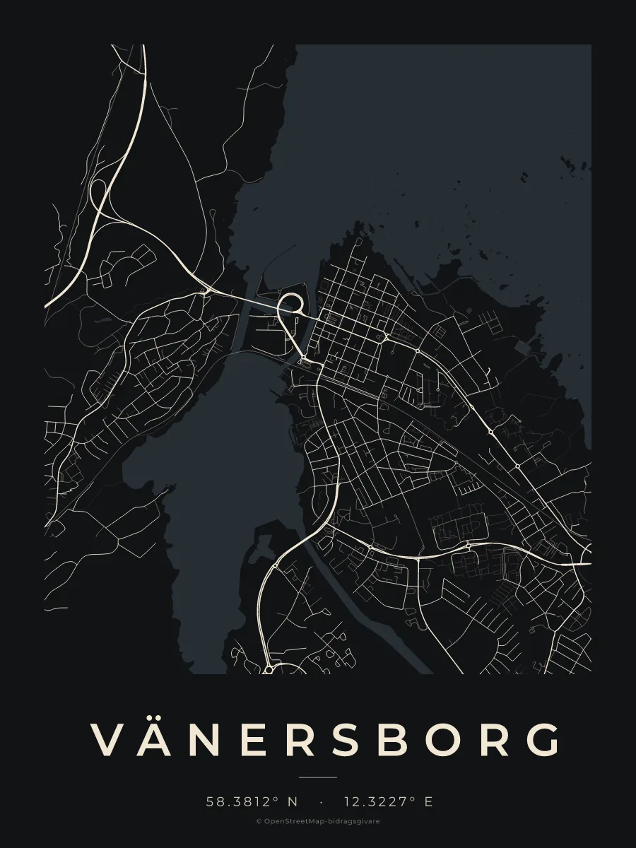 Kartposter över Vänersborg i stilen Natt