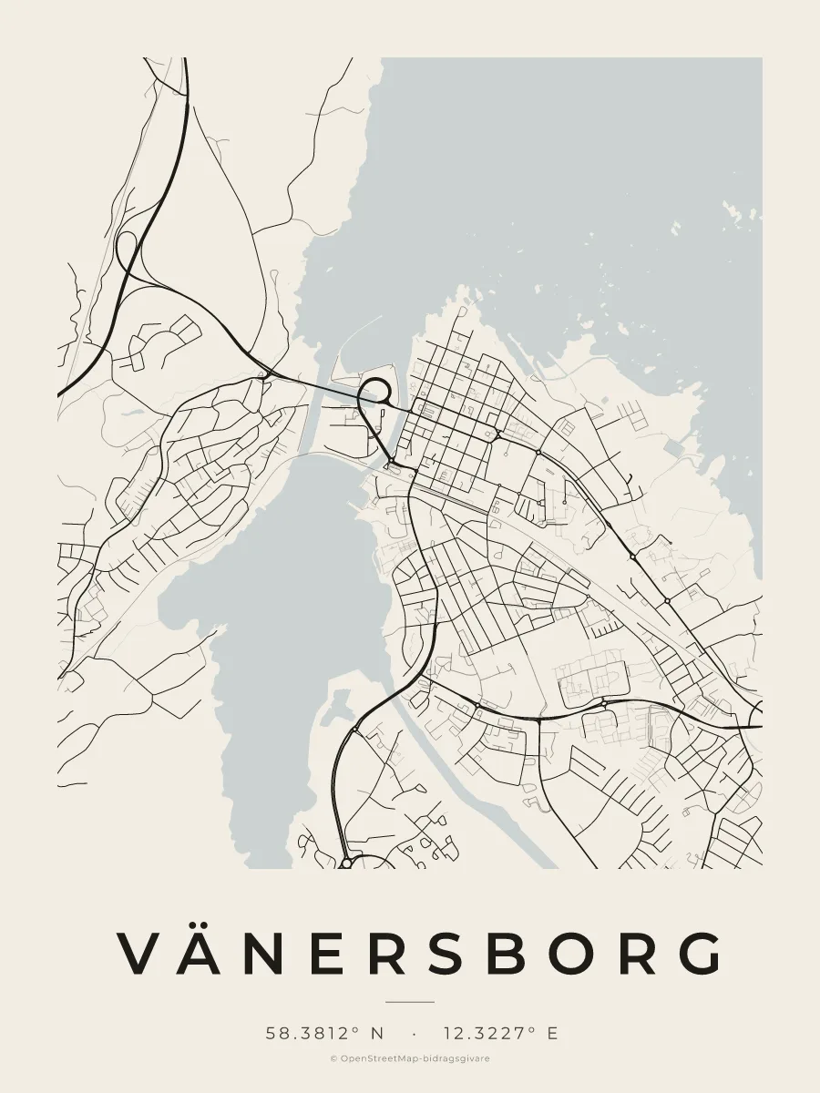 Kartposter över Vänersborg i stilen Papper