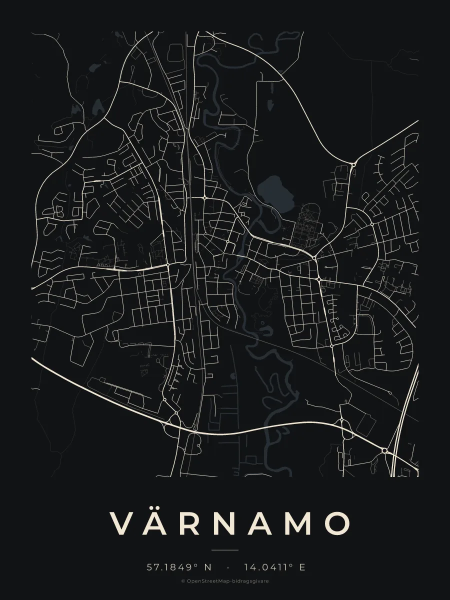 Kartposter över Värnamo i stilen Natt