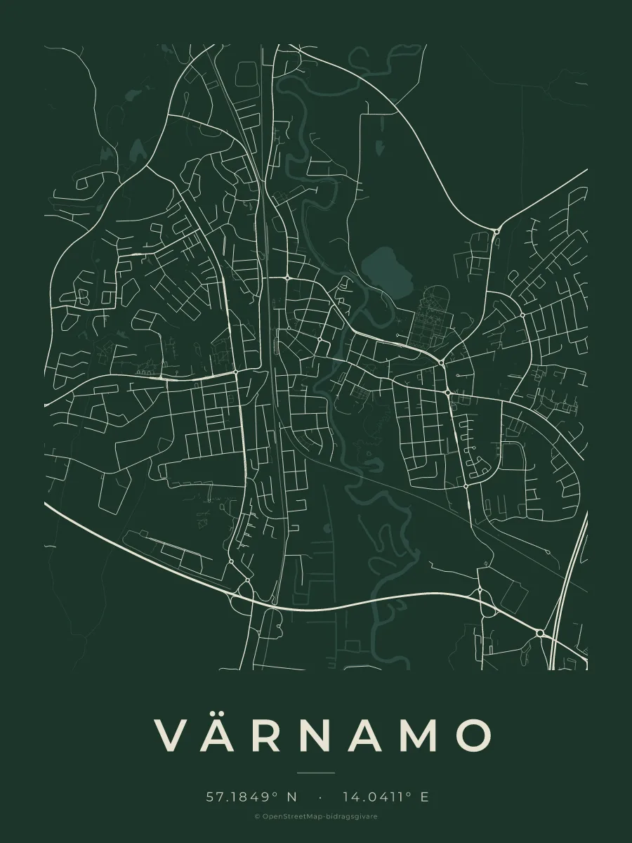 Kartposter över Värnamo i stilen Skog