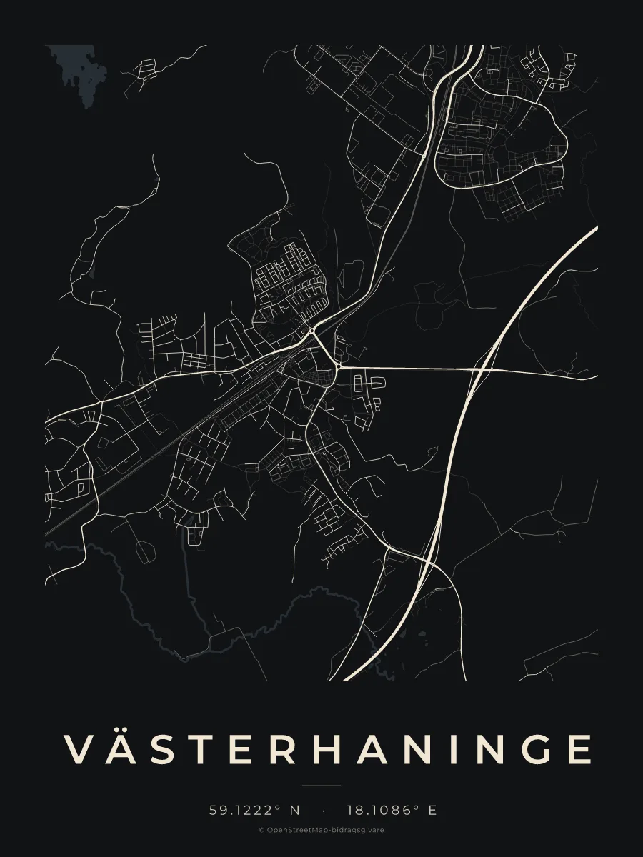 Kartposter över Västerhaninge i stilen Natt